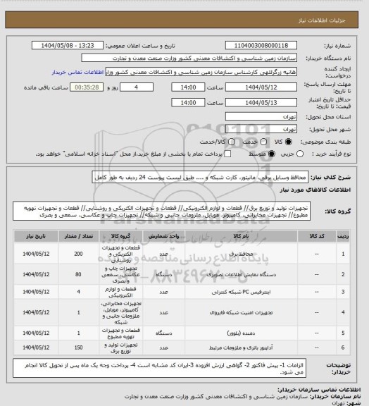 استعلام محافظ وسایل برقی، مانیتور، کارت شبکه و .... طبق لیست پیوست 24 ردیف به طور کامل