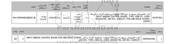 استعلام کارت الکترونیکی مربوط به درایو 250 کیلووات دیسکهای گندله سازی & INPUT BRIDGE CONTROL BOARD, TYPE: AINP-01, CODE: 64530275E, SER NO.: 6280237, FOR ABB DRIVE ACS800, 250KW