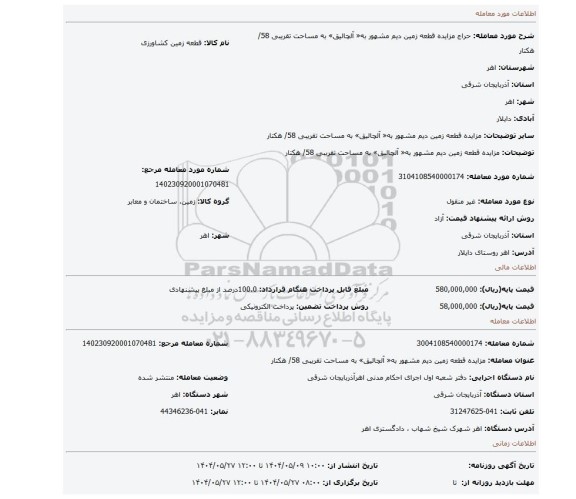 مزایده، مزایده قطعه زمین دیم مشهور به« آلچالیق» به مساحت تقریبی 58/ هکتار