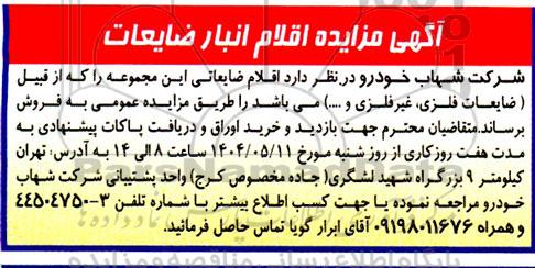 مزایده فروش اقلام ضایعاتی این مجموعه از قبیل ( ضایعات فلزی غیر فلزی و ....) 