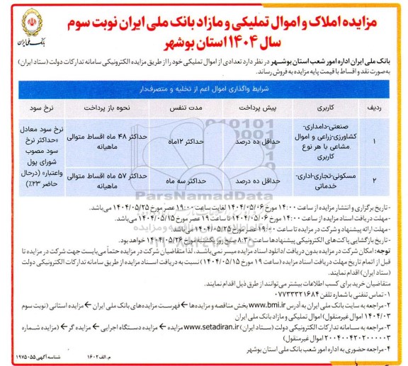 مزایده املاک و اموال تملیکی و مازاد- نوبت دوم