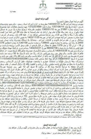 مزایده فروش یکدستگاه خودروی وانت آریسان رنگ آبی 