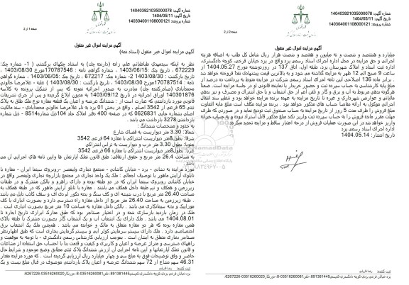 مزایده ششدانگ عرصه و اعیان یک قطعه مغازه به پلاک ثبتی 65 فرعی از 3542 اصلی 