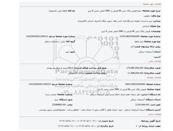 مزایده، فروش پلاک ثبتی 66 فرعی از 3981 اصلی بخش 6 تبریز