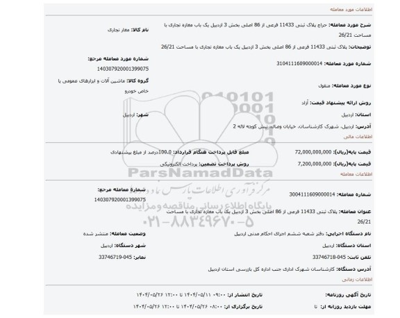 مزایده، پلاک ثبتی 11433 فرعی از 86 اصلی بخش 3 ازدبیل  یک باب مغازه تجاری با مساحت 26/21