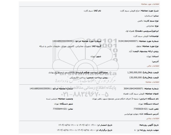 مزایده، فروش سیم کارت