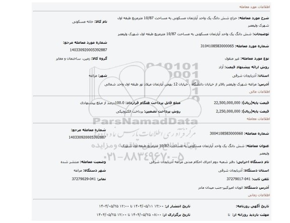مزایده، شش دانگ یک واحد آپارتمان مسکونی به مساحت 10/87 مترمربع طبقه اول شهرک ولیعصر
