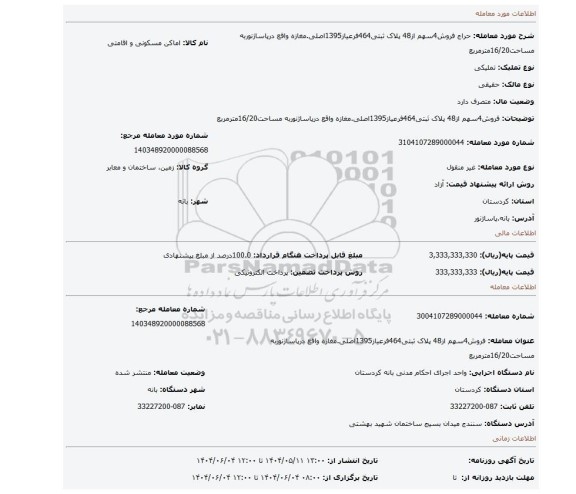 مزایده، فروش4سهم از48 پلاک ثبتی464فرعیاز1395اصلی.مغازه واقع درپاساژنوربه مساحت16/20مترمربع