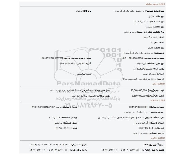مزایده، حراج شش دانگ یک باب آپارتمان