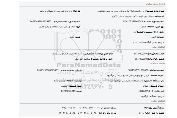 مزایده، فروش انواع لوازم یدکی خودرو در بخش کرگانرود