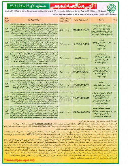 مناقصه پروژه احداث و توسعه و بازسازی سیستم های آبرسانی و ....