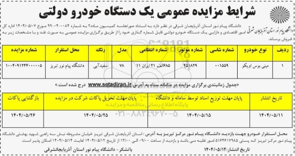 مزایده فروش یک دستگاه خودرو دولتی (مینی بوس اویکو)