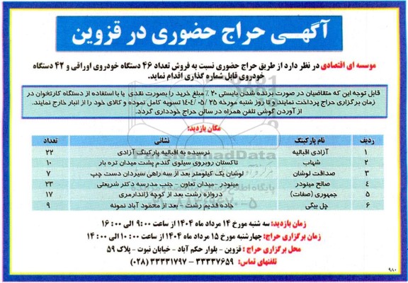 آگهی حراج حضوری فروش تعداد 46 دستگاه خودروی اوراقی