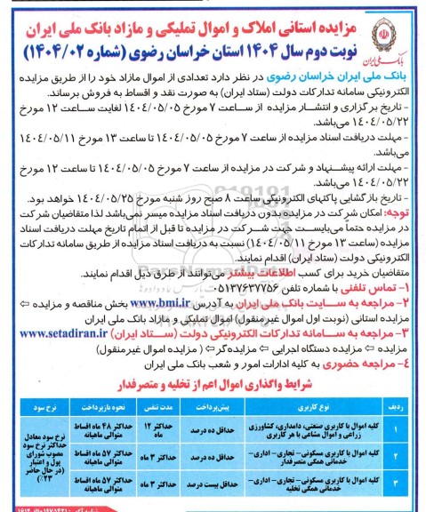 مزایده استانی املاک و اموال تملیکی و مازاد بانک- نوبت دوم 