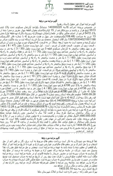 مزایده فروش یک واحد آپارتمان مسکونی به پلاک ثبتی 5513 فرعی از 15 اصلی