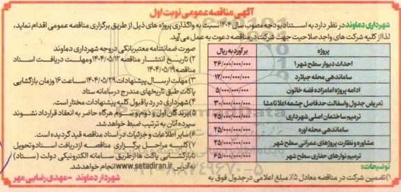 مناقصه احداث دیوار سطح شهر....