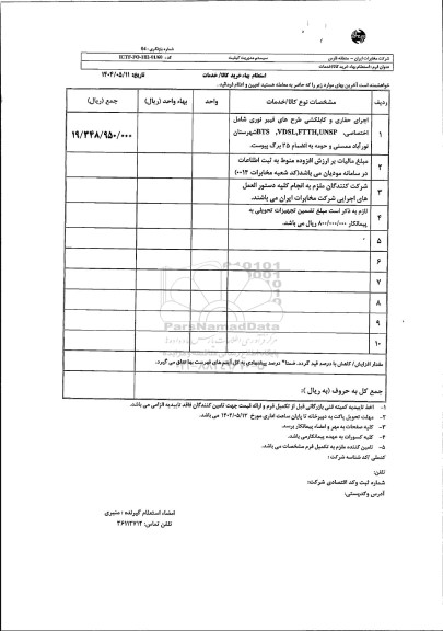 استعلام اجرای حفاری و کابلکشی طرح های فیبر نوری شامل اختصاصی BTS، VDSL FTTH, UNSP شهر شیراز