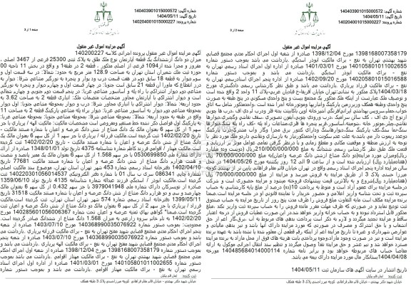 مزایده فروش دو دانگ از ششدانگ یک قطعه آپارتمان با پلاک ثبتی 25300 فرعی از 3467 اصلی