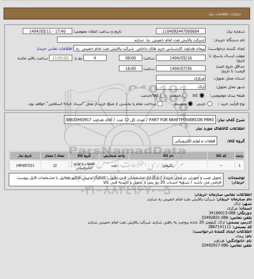 استعلام PART FOR KRAFTPOWERCON PRM3 / تعداد کل 12 عدد / آقای هداوند  08633492917
