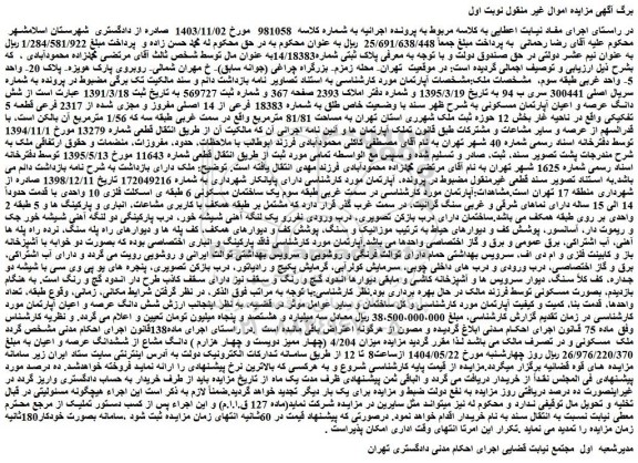 مزایده ملک میزان 4/204 (چهار ممیز دویست و چهار هزارم ) دانگ مشاع از ششدانگ عرصه و اعیان