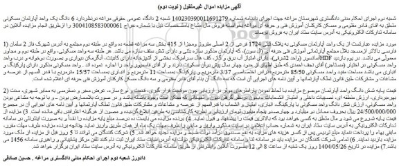 مزایده یک واحد آپارتمان مسکونی به پلاک ثبتی 1724 فرعی از 2 اصلی مفروز ومجزا از 415