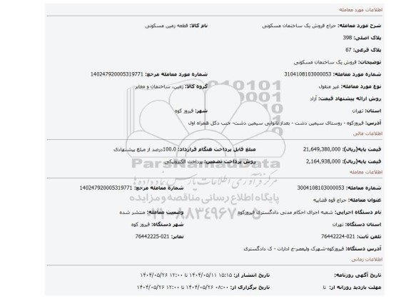 مزایده، فروش یک ساختمان مسکونی