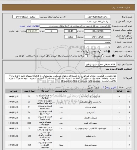استعلام اقلام مصرفی تعمیرات دیزل ژنراتور