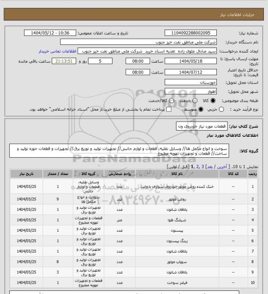 استعلام قطعات مورد نیاز خودروی ون