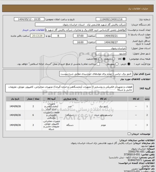 استعلام کنتور برق، ترانس و مودم برای مولدهای خورشیدی مطابق شرح پیوست