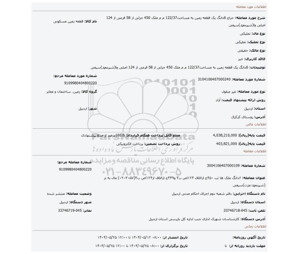 مزایده،  6دانگ یک قطعه زمین به مساحت122/37 م م ملک 450 جزئی از 58 فرعی از 124 اصلی وا(شیرمحمد)سیفی