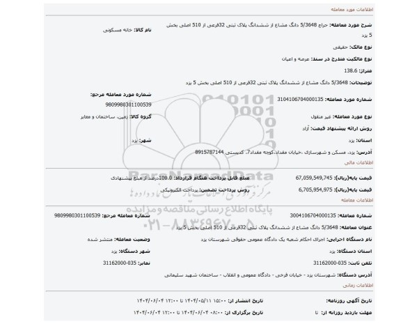 مزایده، 5/3648 دانگ مشاع از ششدانگ پلاک ثبتی 32فرعی از 510 اصلی بخش 5 یزد