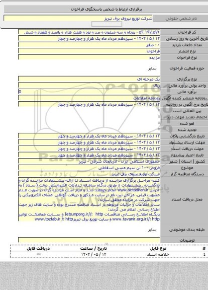 مزایده, فروش ۱۰۰ تن سیم مسی اسقاطی
