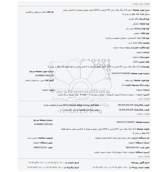 مزایده، 0.3 دانگ پلاک ثبتی 147 فرعی از 2270 اصلی مفروز و مجزی از 4 فرعی اصلی مذکور قطعه 142 واقع در بخش 6