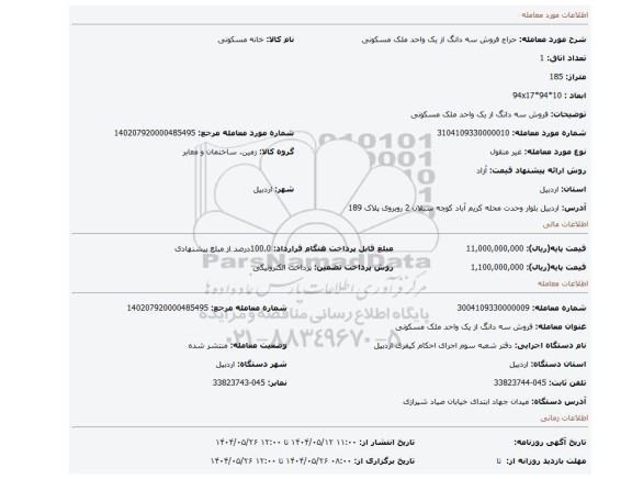 مزایده، فروش سه دانگ از یک واحد ملک مسکونی