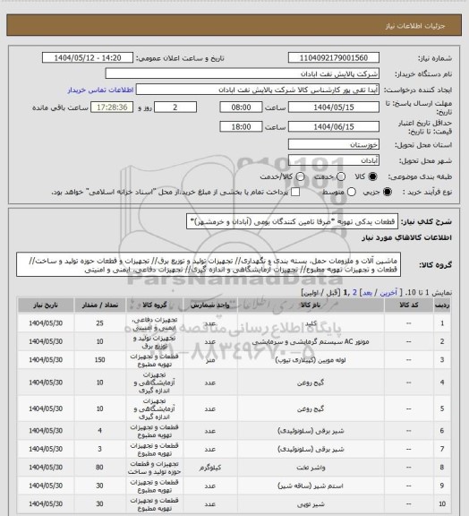استعلام قطعات یدکی تهویه *صرفا تامین کنندگان بومی (آبادان و خرمشهر)*
