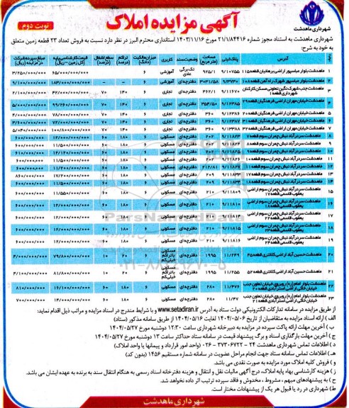 مزایده فروش تعداد 23 قطعه زمین- نوبت دوم