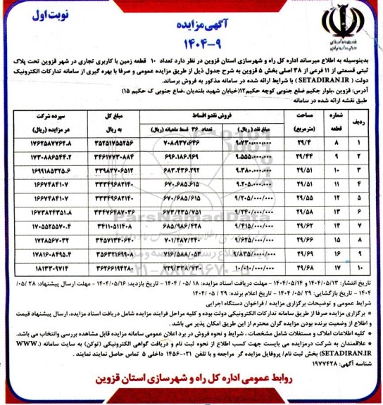 مزایده فروش تعداد 10 قطعه زمین با کاربری تجاری 