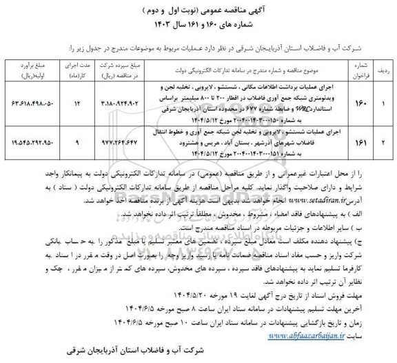مناقصه اجرای عملیات برداشت اطلاعاتی مکانی ، شستشو، لایروبی و...