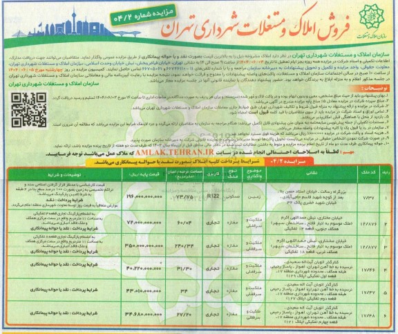 مزایده فروش املاک و مستغلات کاربری تجاری 