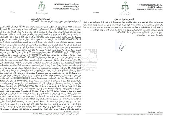 مزایده فروش ششدانگ یک قطعه آپارتمان مسکونی به مساحت 128.9 مترمربع با پلاک ثبتی 76751 فرعی از 2395 اصلی