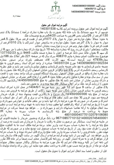 مزایده فروش دو سهم از نه سهم ششدانگ خانه که به صورت یک باب مغازه در آمده به مساحت 54.20 مترمربع با پلاک ثبتی 1130 فرعی از 26 اصلی