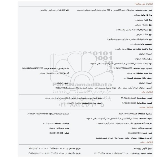 مزایده، پلاک ثبتی508فرعی از 610 اصلی بخش6جنوب شرقی  اصفهان