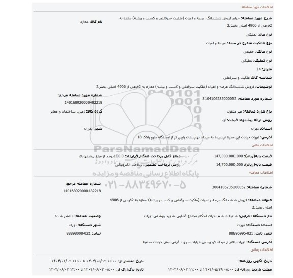 مزایده، فروش ششدانگ عرصه و اعیان (ملکیت سرقفلی و کسب و پیشه) مغازه به 2فرعی از 4906 اصلی بخش2
