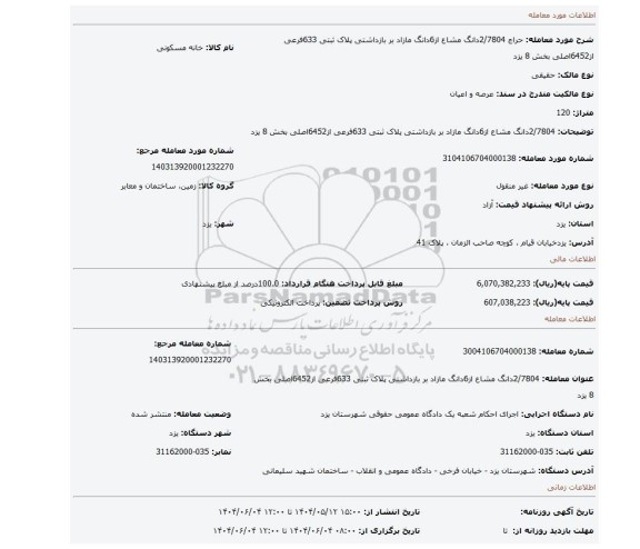مزایده، 2/7804دانگ مشاع از6دانگ مازاد بر بازداشتی پلاک ثبتی 633فرعی از6452اصلی بخش 8 یزد