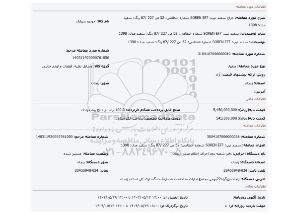 مزایده، سمند  تیپ: SOREN  EF7      شماره انتظامی: 52 ص  227 /87 رنگ: سفید   مدل: 1398
