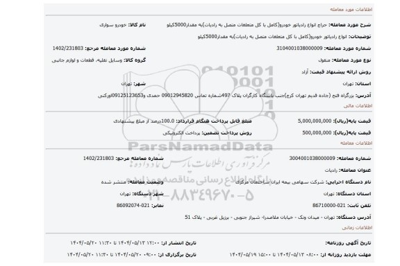 مزایده، انواع رادیاتور خودرو(کامل با کل متعلغات متصل به رادیات)به مقدار5000کیلو