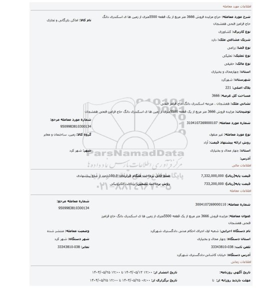 مزایده، مزایده فروش 3666 متر مربع از یک قطعه 5500متری از زمین ها ی اسکندری دانگ حاج فرامرز فتحی هفشجان