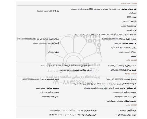 مزایده، فروش باغ میوه آلو به مساحت 3500 مترمربع واقع در روستای نصیرکندی