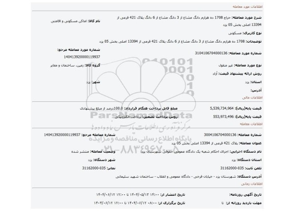 مزایده، 1708 ده هزارم دانگ مشاع از 3 دانگ مشاع از 6 دانگ   پلاک 421 فرعی از 13394 اصلی بخش 05 یزد