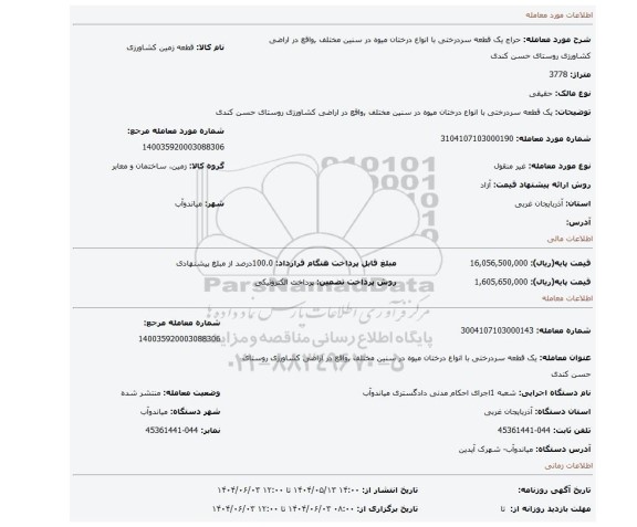 مزایده، یک قطعه سردرختی  با انواع درختان میوه در سنین مختلف ,واقع در اراضی کشاورزی روستای حسن کندی